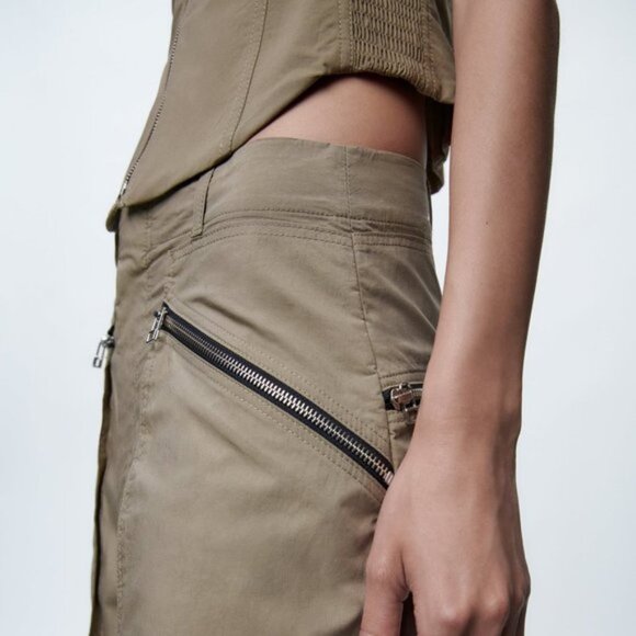 NEW ZARA WOMEN'S 2-Piece ZIPPER BUSTIER/ TOPSTITCHED ZIPPERED CARGO PANTS Khaki - Picture 4 of 15